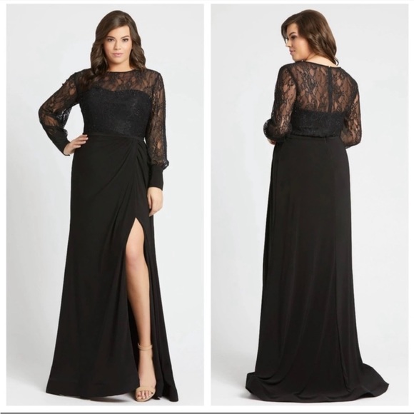 Mac Duggal Dress 67143 Sequin Lace Black Beaded Gown long sleeve slit 24W - Picture 1 of 13